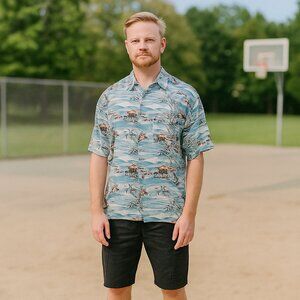 New Millennium Men Hawaiian AOP Print Sailboat Short Sleeve Button Up Graphic M